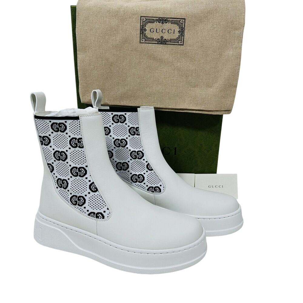 Gucci Platform 37.5/ US 7.5 GG Supreme Leather Chelsea Boots White NWB $1,100 - Picture 6 of 10